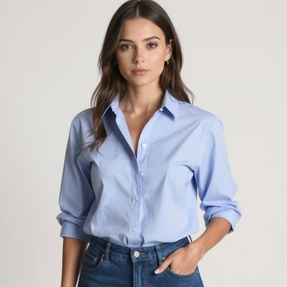 Reiss Jenny Cotton Long Sleeve Cotton Poplin Shirt Blue Size 2 - Picture 1 of 16